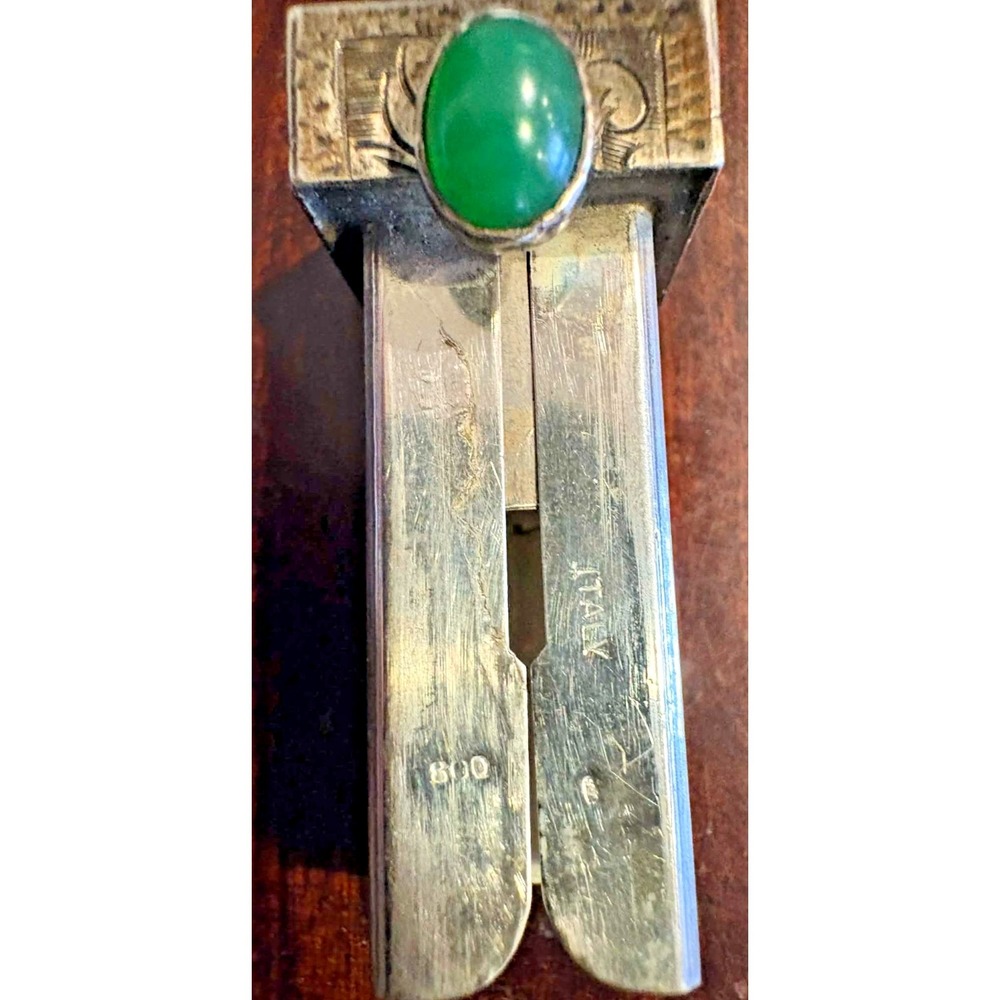 Vintage Italian Engraved Silver Lipstick Holder w Mirror & Green Cabochon - Picture 3 of 11